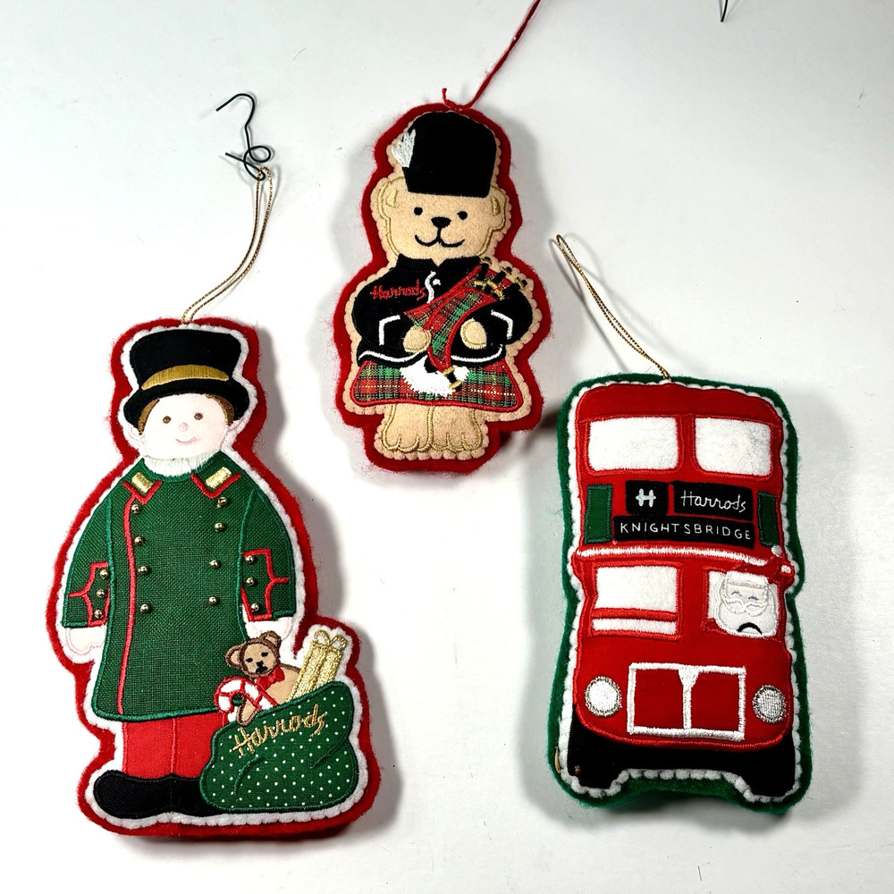 Lot 3 Harrods Felt Ornaments Teddy Bear, Bus, Doorman Stocking Christmas London